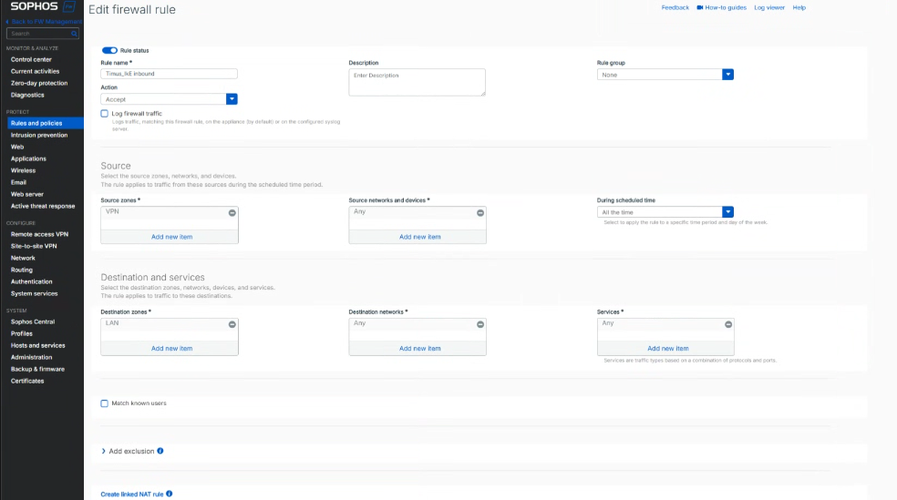 Inbound VPN Traffic Rule Configuration in Sophos Firewall