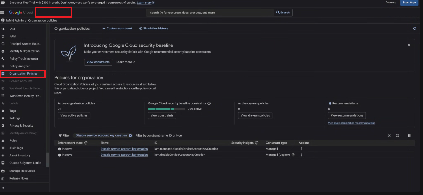 Search for Service Account key creation policy