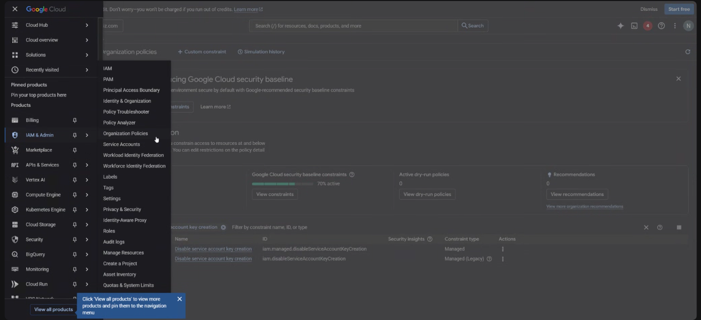 Switch to organization-level view in Google Cloud Console